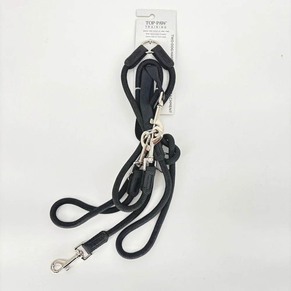 Top Paw Training Black Hands-Free Two-Dog Coupler Leash Attachment Rope NWT